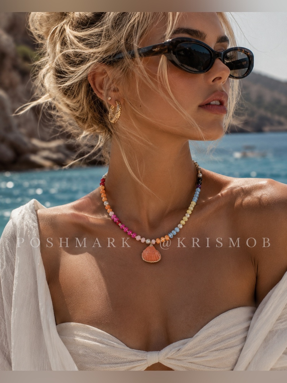 Colorful Shell Pendant Necklace • Coastal Beachy Gemstone Beaded Choker